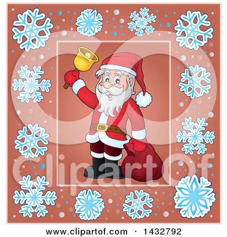 Clipart of a Christmas Santa Ringing a Bell Inside a Snowflake Frame - Royalty Free Vector Illustration by visekart