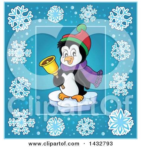 Clipart of a Christmas Penguin Ringing a Bell Inside a Blue Snowflake Frame - Royalty Free Vector Illustration by visekart