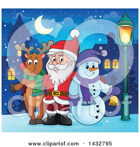 Clipart of a Christmas Rudolph Reindeer, Snowman and Santa Posing in a Village - Royalty Free Vector Illustration by visekart