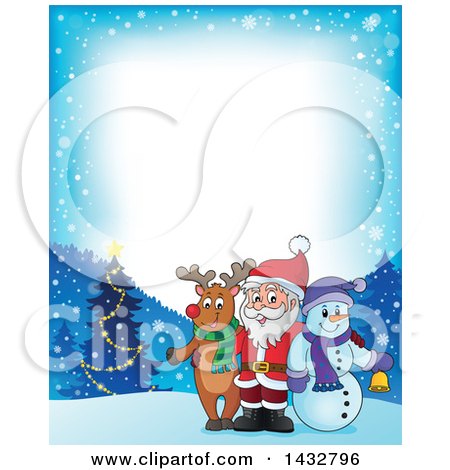 Clipart of a Border of a Christmas Rudolph Reindeer, Snowman and Santa Posing in the Snow - Royalty Free Vector Illustration by visekart
