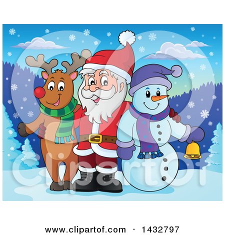 Clipart of a Christmas Rudolph Reindeer, Snowman and Santa Posing in the Snow - Royalty Free Vector Illustration by visekart