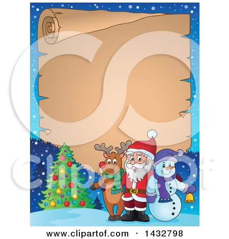Clipart of a Parchment Scroll Border of a Christmas Rudolph Reindeer, Snowman and Santa Posing in the Snow - Royalty Free Vector Illustration by visekart