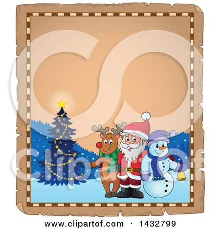 Clipart of a Parchment Border of a Christmas Rudolph Reindeer, Snowman and Santa Posing in the Snow - Royalty Free Vector Illustration by visekart