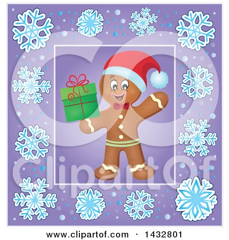 Clipart of a Christmas Gingerbread Man Holding a Gift Inside a Purple Snowflake Frame - Royalty Free Vector Illustration by visekart