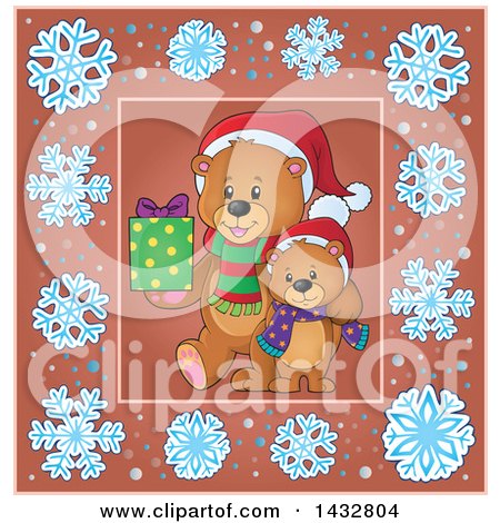 Clipart of Christmas Bears Holding a Gift Inside a Snowflake Frame - Royalty Free Vector Illustration by visekart