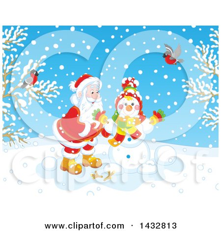 Clipart of a Christmas Santa Claus Making a Snowman on a Winter Day, with Birds Watching - Royalty Free Vector Illustration by Alex Bannykh