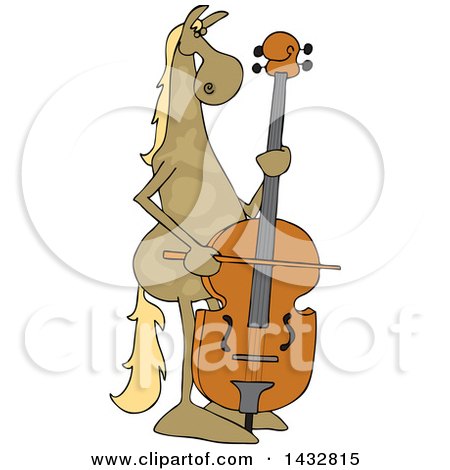 Clipart of a Cartoon Brown Horse Musician Playing a Double Bass - Royalty Free Vector Illustration by djart