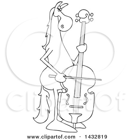 Clipart of a Cartoon Black and White Lineart Horse Musician Playing a Double Bass - Royalty Free Vector Illustration by djart
