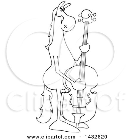 Clipart of a Cartoon Black and White Lineart Horse Musician Plucking a Double Bass - Royalty Free Vector Illustration by djart