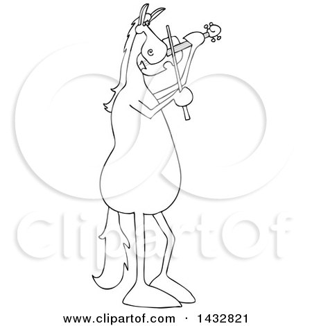 Clipart of a Cartoon Black and White Lineart Horse Musician Playing a Violin - Royalty Free Vector Illustration by djart