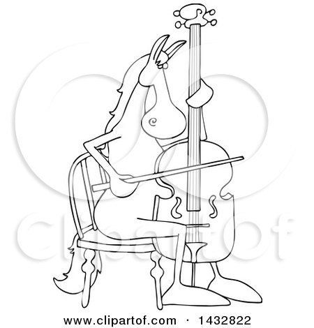 Clipart of a Cartoon Black and White Lineart Horse Musician Playing a Cello - Royalty Free Vector Illustration by djart