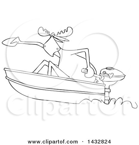 Clipart of a Cartoon Black and White Lineart Moose in a Speed Boat - Royalty Free Vector Illustration by djart