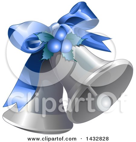 Clipart of a Blue Bow, Holly and Berries on Silver Christmas Bells - Royalty Free Vector Illustration by Pushkin
