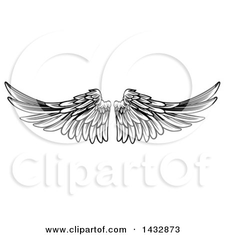 Clipart of a Black and White Pair of Feathered Wings in Woodcut Style - Royalty Free Vector Illustration by AtStockIllustration