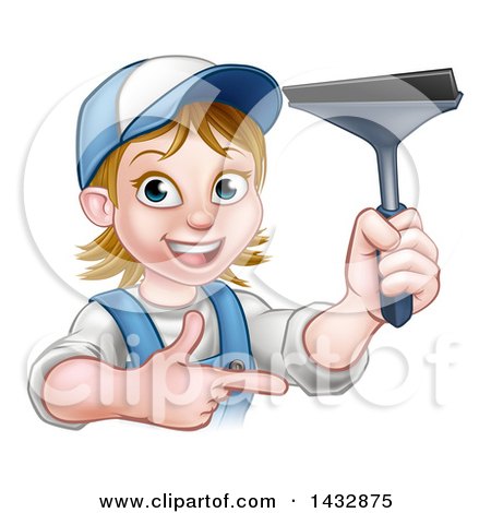 Clipart of a Cartoon Happy White Female Window Cleaner in Blue, Pointing  and Holding a Squeegee - Royalty Free Vector Illustration by  AtStockIllustration #1432875