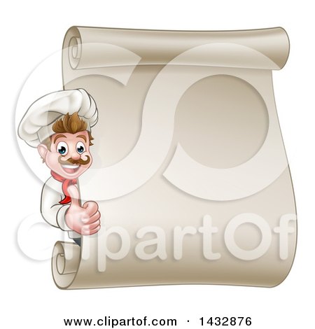 Clipart of a Happy White Male Chef Giving a Thumb up Around a Scroll Menu Board - Royalty Free Vector Illustration by AtStockIllustration