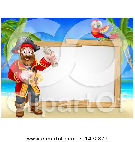 Clipart of a Pirate Captain Holding a Scroll, with a Parrot by a Blank Sign on a Tropical Beach - Royalty Free Vector Illustration by AtStockIllustration