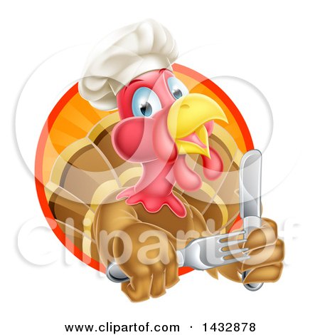 Clipart of a Thanksgiving Turkey Bird Wearing a Chef Hat and Holding Silverware, in a Sunset Circle - Royalty Free Vector Illustration by AtStockIllustration