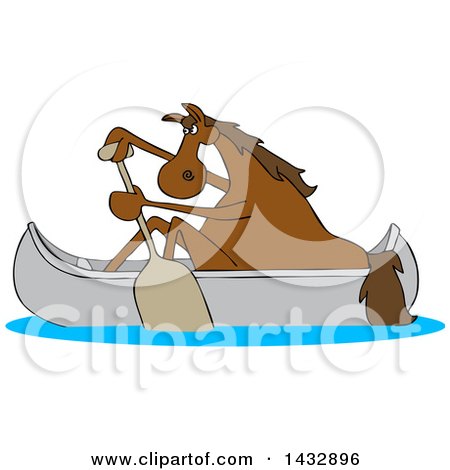 Clipart of a Cartoon Brown Horse Paddling a Canoe - Royalty Free Vector Illustration by djart