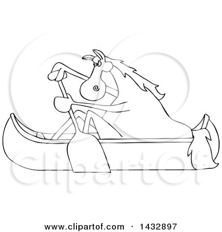 Clipart of a Cartoon Black and White Lineart Horse Paddling a Canoe - Royalty Free Vector Illustration by djart