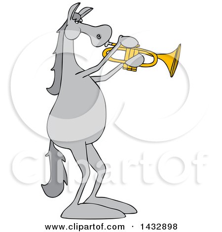 Clipart of a Cartoon Gray Musician Horse Playing a Trumpet - Royalty Free Vector Illustration by djart