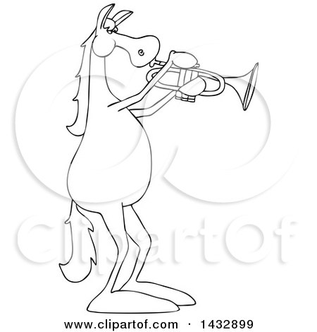 Clipart of a Cartoon Black and White Lineart Musician Horse Playing a Trumpet - Royalty Free Vector Illustration by djart