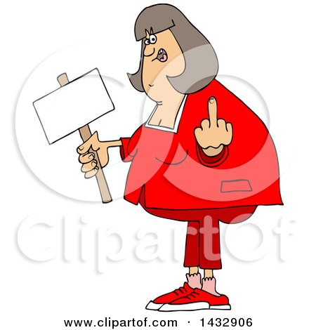 Clipart of a Cartoon Chubby White Woman Holding up a Middle Finger and Blank Sign - Royalty Free Vector Illustration by djart