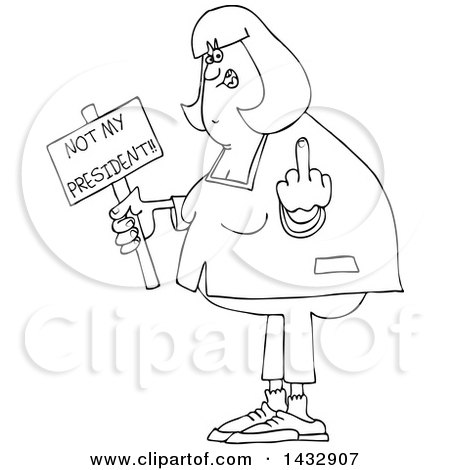 Clipart of a Cartoon Black and White Lineart Chubby Woman Holding up a Middle Finger and Not My President Sign - Royalty Free Vector Illustration by djart