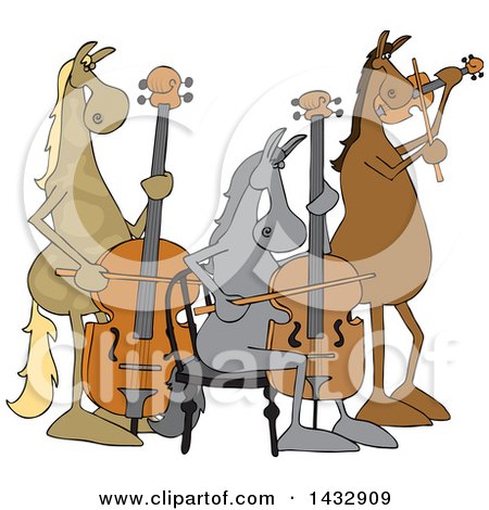 Clipart of a Cartoon Group of Horse Musicians Playing a Cello, Double Bass and Violin - Royalty Free Vector Illustration by djart