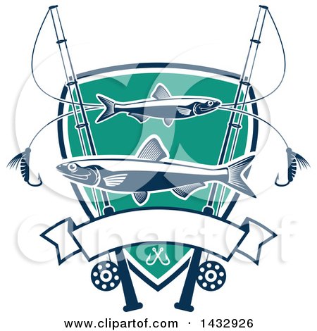 Clipart of a Shield with Fish, Poles and Lures over a Banner - Royalty Free Vector Illustration by Vector Tradition SM