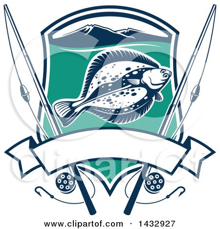 Clipart of a Blue, White and Turquoise Shield with a Flounder Fish, Mountains and Fishing Poles with a Blank Banner - Royalty Free Vector Illustration by Vector Tradition SM