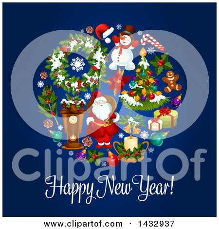 Clipart of a Happy New Year Greeting and Circle of Christmas Icons on Blue - Royalty Free Vector Illustration by Vector Tradition SM