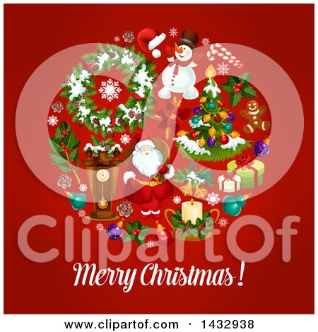 Clipart of a Merry Christmas Greeting and Circle of Festive Icons on Red - Royalty Free Vector Illustration by Vector Tradition SM
