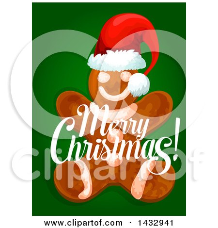 Clipart of a Merry Christmas Greeting and Gingerbread Man on Green - Royalty Free Vector Illustration by Vector Tradition SM