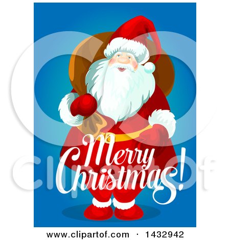 Clipart of a Merry Christmas Greeting and Santa Claus on Blue - Royalty Free Vector Illustration by Vector Tradition SM