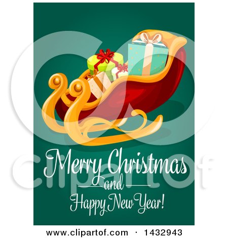 Clipart of a Merry Christmas and Happy New Year Greeting and Sleigh on Green - Royalty Free Vector Illustration by Vector Tradition SM