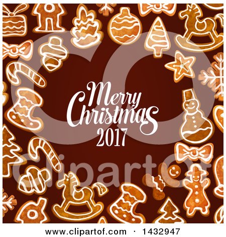 Clipart of a Merry Christmas 2017 Greeting and Border of Gingerbread Cookies on Brown - Royalty Free Vector Illustration by Vector Tradition SM