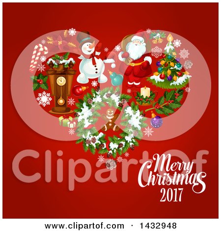 Clipart of a Merry Christmas 2017 Greeting and Heart of Festive Icons on Red - Royalty Free Vector Illustration by Vector Tradition SM