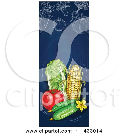 Clipart Of A Vertical Website Banner of Sketched Produce on Blue - Royalty Free Vector Illustration by Vector Tradition SM