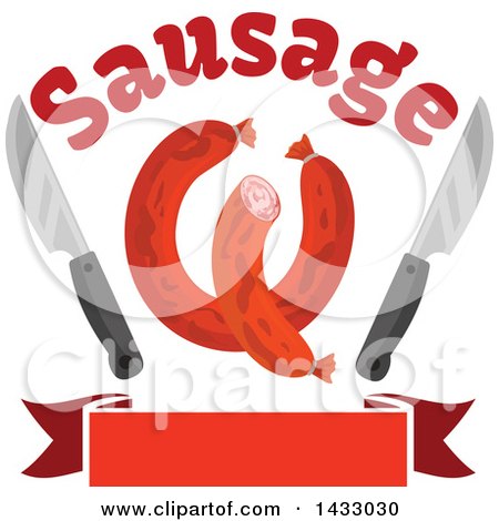 Clipart of Sausages with Knives and Text over a Banner - Royalty Free Vector Illustration by Vector Tradition SM