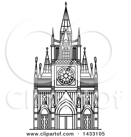 Clipart of a Black and White Line Drawing Styled Colombian Landmark, Las Lajas Sanctuary - Royalty Free Vector Illustration by Vector Tradition SM