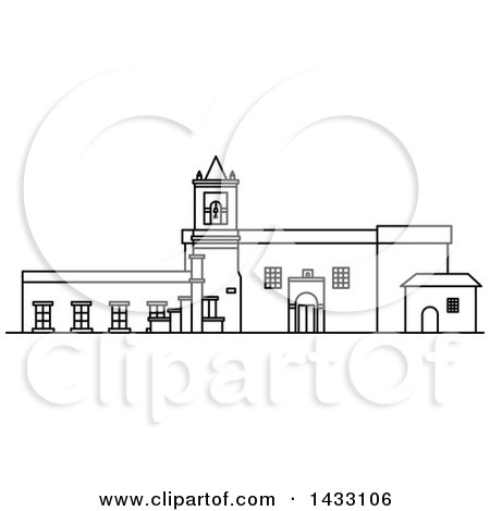 Clipart of a Black and White Line Drawing Styled Colombian Landmark, Iglesia De La Merced Church - Royalty Free Vector Illustration by Vector Tradition SM