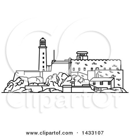 Clipart of a Black and White Line Drawing Styled Cuban Landmark, San Carlos De La Cabana - Royalty Free Vector Illustration by Vector Tradition SM