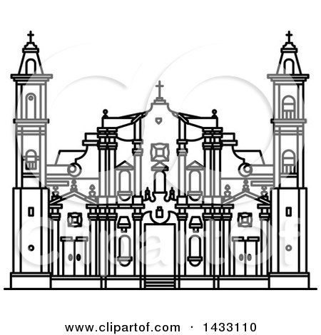 Clipart of a Black and White Line Drawing Styled Cuban Landmark, St Christopher Havana Cathedral - Royalty Free Vector Illustration by Vector Tradition SM