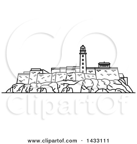 Clipart of a Black and White Line Drawing Styled Cuban Landmark, Real Fuerza Fortress - Royalty Free Vector Illustration by Vector Tradition SM