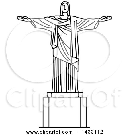 Clipart of a Black and White Line Drawing Styled Brazilian Landmark, Christ the Redeemer - Royalty Free Vector Illustration by Vector Tradition SM