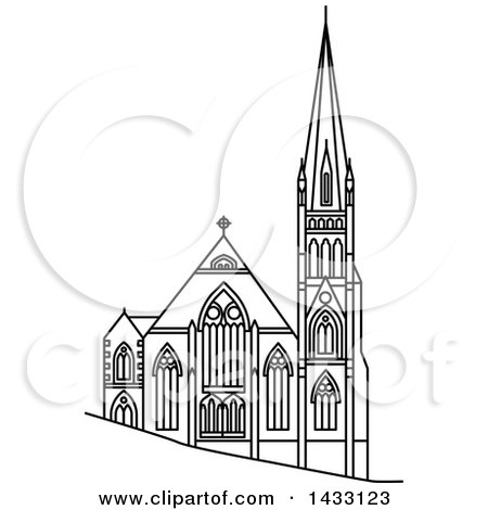 Clipart of a Black and White Line Drawing Styled New Zealand Landmark, Presbyterian Knox Church - Royalty Free Vector Illustration by Vector Tradition SM