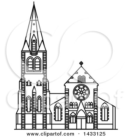Clipart of a Black and White Line Drawing Styled New Zealand Landmark, ChristChurch Cathedral - Royalty Free Vector Illustration by Vector Tradition SM