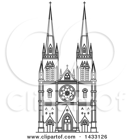 Clipart of a Black and White Line Drawing Styled Australian Landmark, St Mary Cathedral - Royalty Free Vector Illustration by Vector Tradition SM