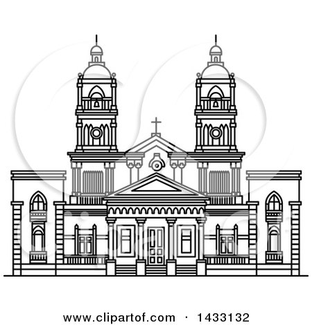 Clipart of a Black and White Line Drawing Styled Uruguay Landmark, Cathedral of Mercedes - Royalty Free Vector Illustration by Vector Tradition SM